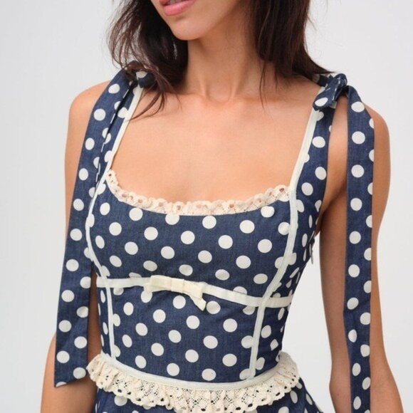 $229 Blue NWOT For Love And Lemons “Dolly” Dot Mini Dress Sz Small - Picture 3 of 16